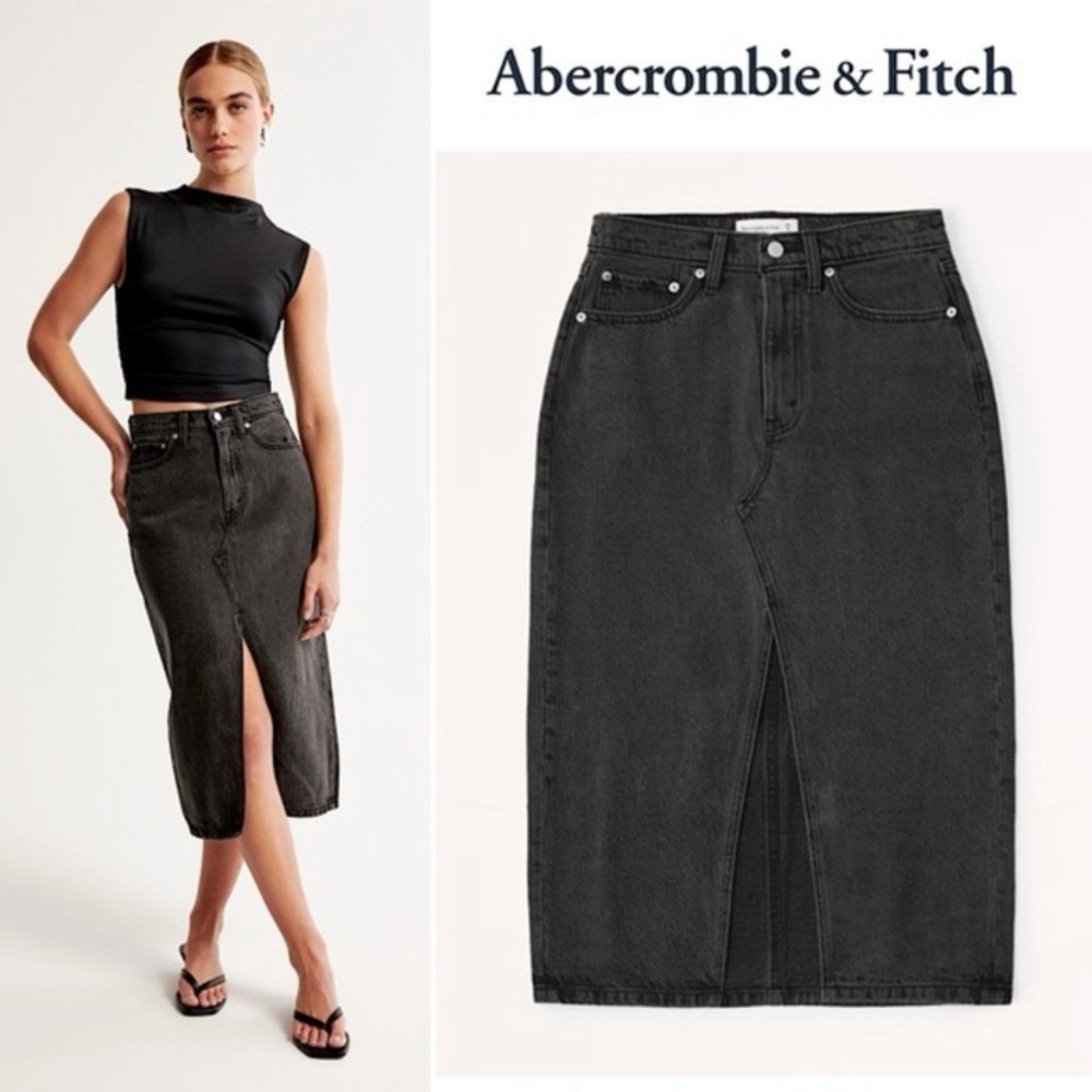 Abercrombie & Fitch Denim Midi Skirt Black High
Rise Sz 4P front slit grey 27